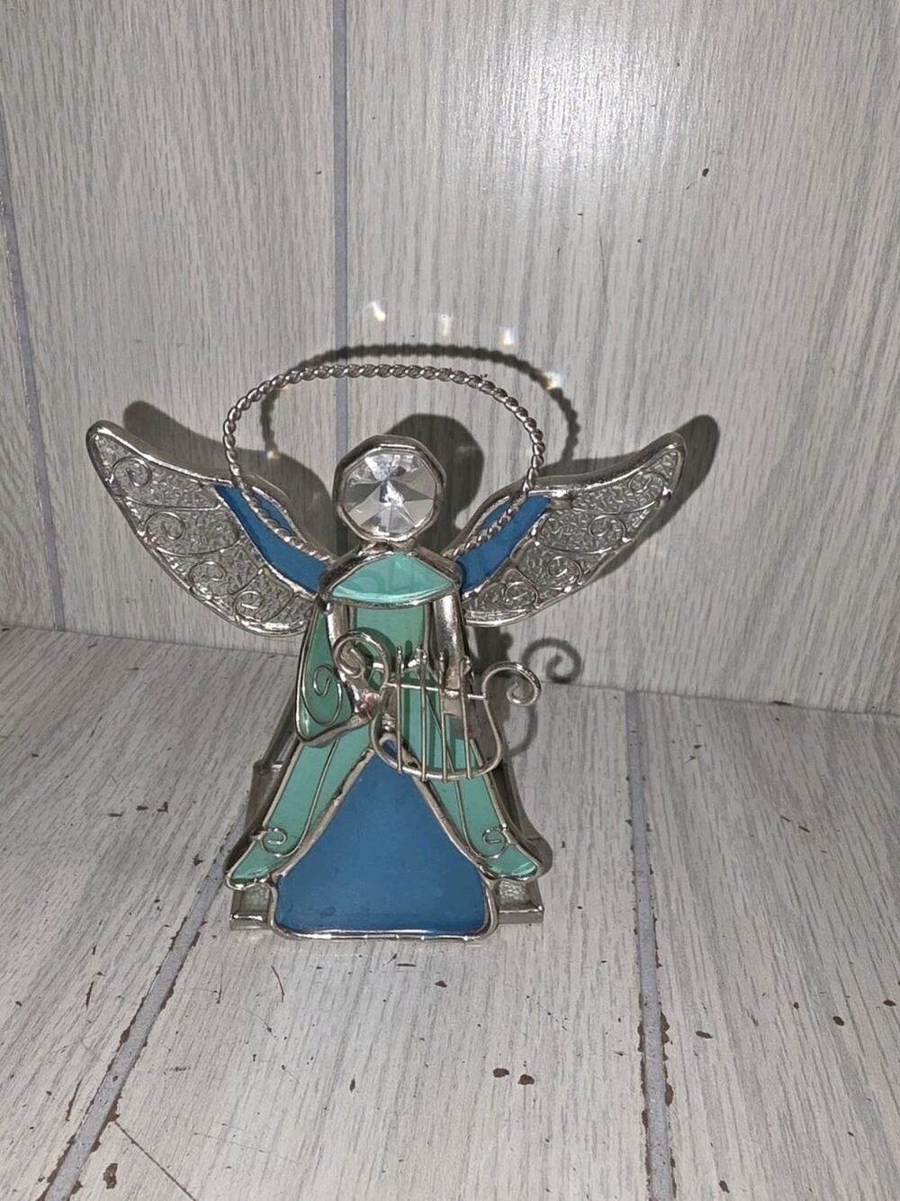Vintage Stained Glass Angel Suncatcher 6.5” Tall Religious Beautiful Tea Light